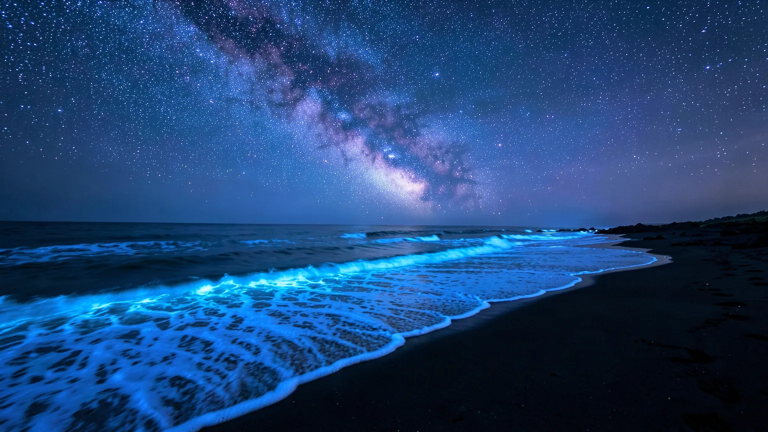 Bioluminescent waves beneath a dense star field