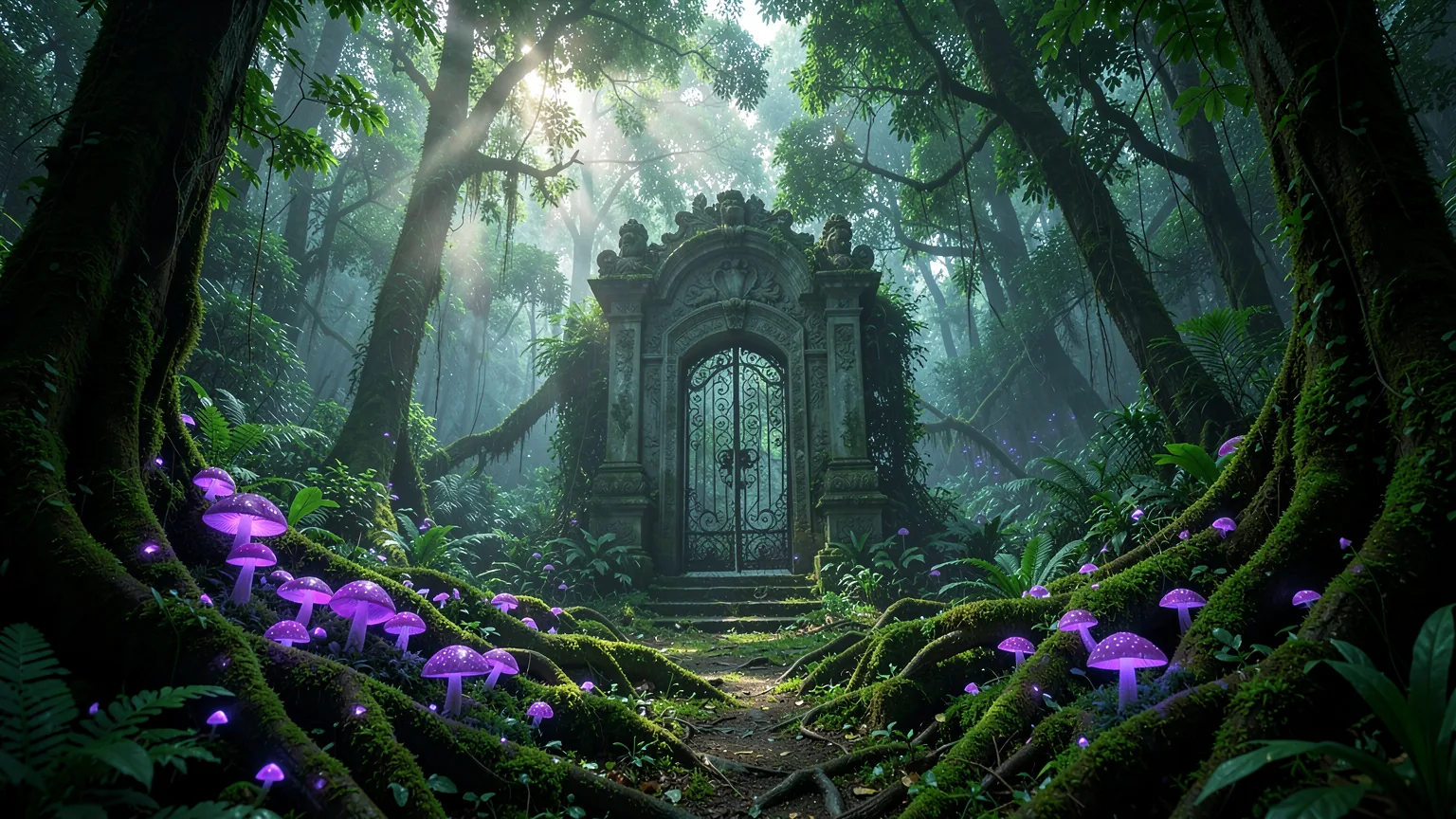 An overgrown stone gate surrounded by glowing mushrooms
