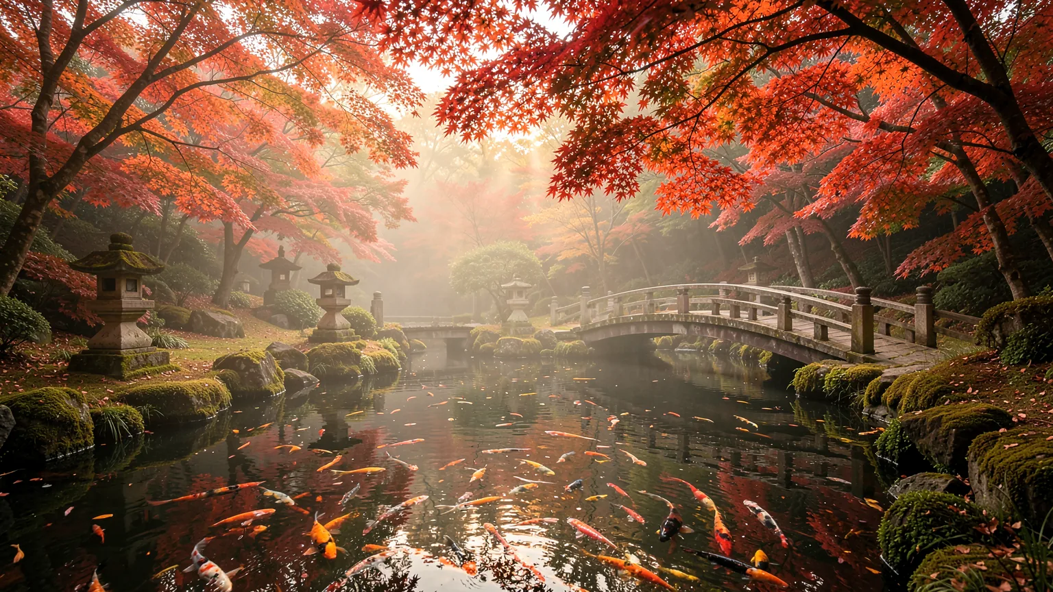 An autumn Japanese garden with a bridge and koi pond